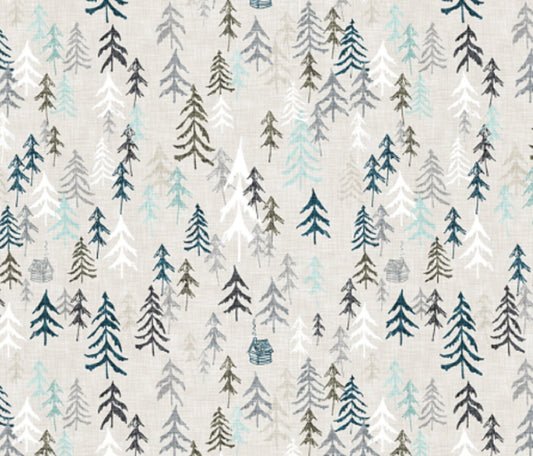 One (1) Curtain Panel Solitude Earth - Blackout lining optional. 54" wide - Wildlife, cabin, nature, outdoor, mountain, earth, hills, trees