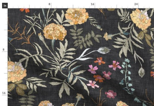 One (1) Curtain Panel Cotton "Marigold Love Charcoal" - 54" Wide. Sateen Cotton Fabric with yellow and pink flowers on dark grey background