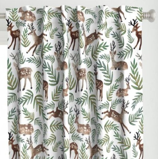 One (1) Curtain Panel Organic Cotton "Loved Dearly" - 54" Wide. Baby nursery, trees, deer, white, kids, green, trees, leaves, buck, stag