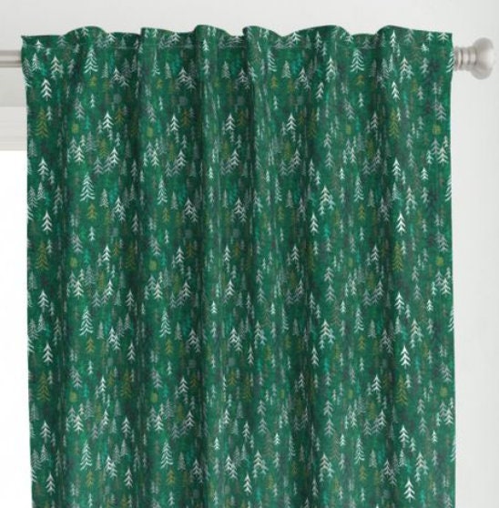 One (1) Curtain Panel Solitude Dark Green - Blackout lining optional - Wildlife, cabin, nature, outdoor, mountain, earth, trees, forest