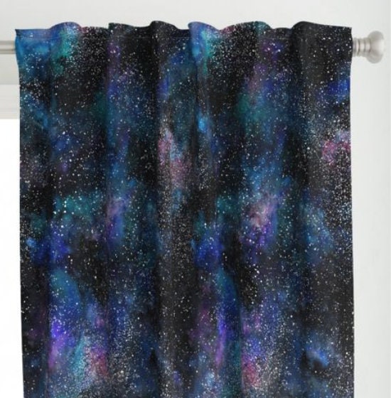 One (1) Curtain Panel Cotton "Galaxy deep space, thousands of stars, starry night sky" - 54" Wide. Sateen Cotton Fabric with Stars