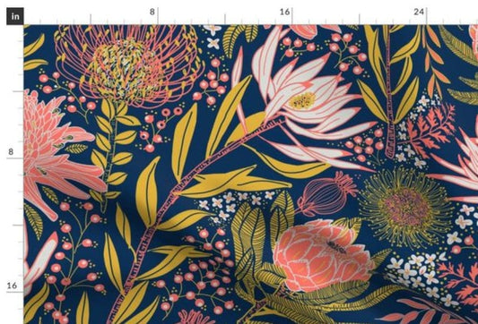 One (1) Drapery Curtain Panel "Protea Garden" - Blackout or Cotton lining available - Coral and Mustard Flowers on Blue. Bold Floral Curtain