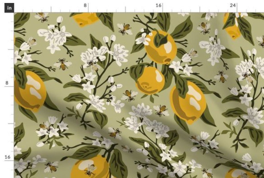 One (1) Curtain Panel - Bees and Lemons Green Drapery - Blackout lining available - Yellow, Blooms, Flowers, Insects, Bee, White Floral