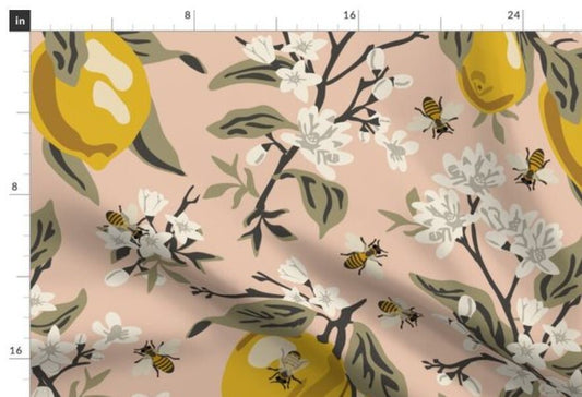 One (1) Curtain Panel or Valance - Bees and Lemons Blush Drapery - Handmade to Order Window Treatments - Yellow, Blooms, Flowers, Insects