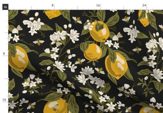 One (1) Curtain Panel - Bees and Lemons Black Drapery - Blackout lining available - Yellow, Blooms, Flowers, Insects, Bee, White Floral