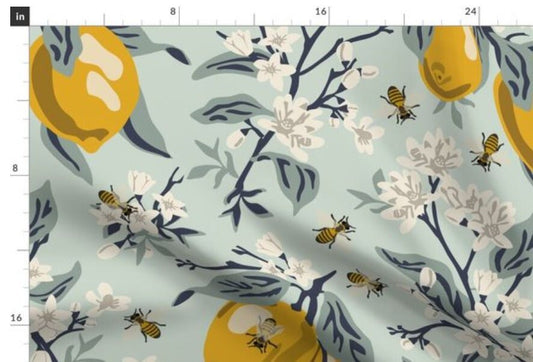 One (1) Curtain Panel - Bees and Lemons Mint Drapery - Blackout lining available - Yellow, Blooms, Flowers, Insects, Bee, White Floral