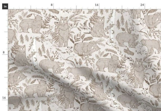One (1) Curtain Panel Cotton "Sleuth of Bears Sepia" - 54" Wide. Sateen Cotton Fabric with Bears in the Woods. Sleepy Bear, Trees and Twigs