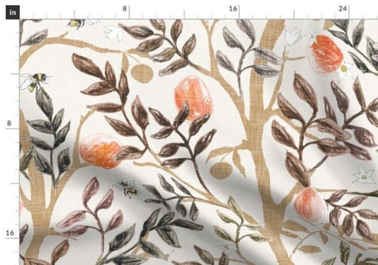 One (1) Curtain Panel - Cotton "Orange Grove - Cream and Brown" - 54" Wide - Nature home decor, Fruit, Bees, Flowers, Branches
