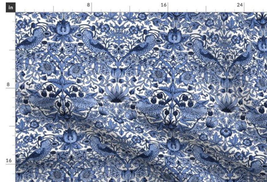 One (1) Curtain Panel - Cotton "William Morris ~ Strawberry Thief ~ Blue and White" - 54" Wide - Historically accurate reproduction