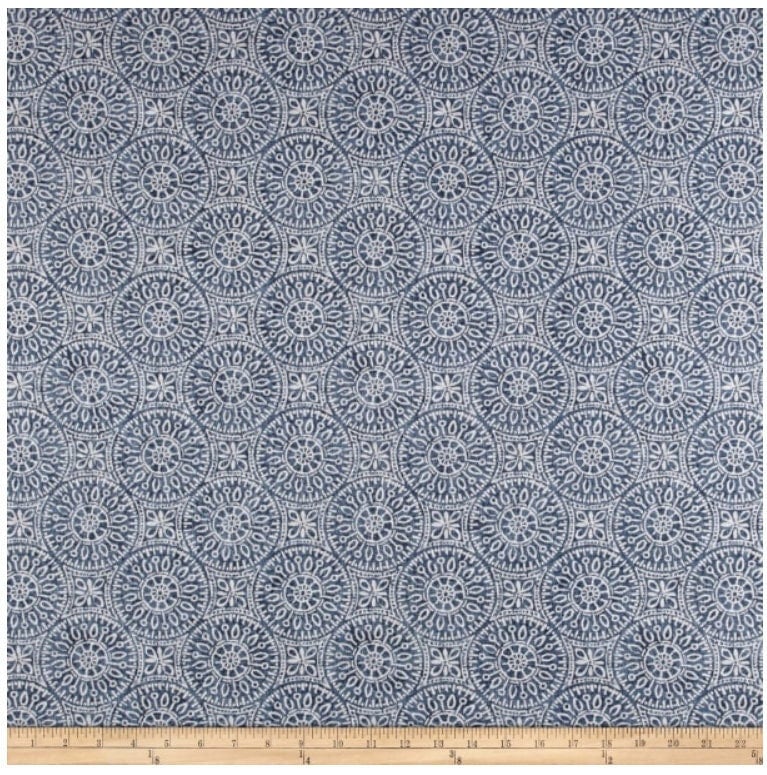 One (1) Curtain Panel - Magnolia Home Fashions Tibet Navy Cotton Duck. White, Blue. Bedroom, Livingroom, Dining Room