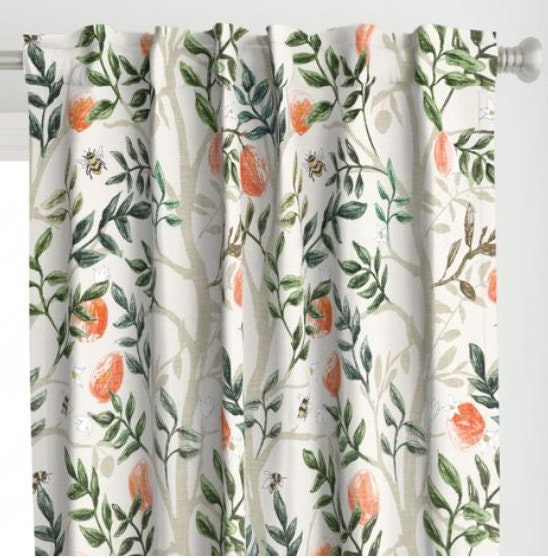 One (1) Curtain Panel - Cotton "Orange Grove - Cream and Emerald" - 54" Wide - Nature home decor, Fruit, Bees, Flowers, Branches