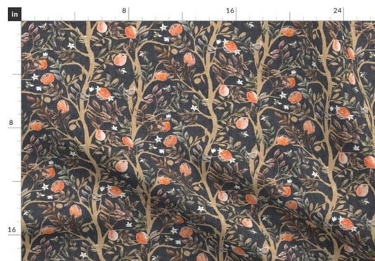 One (1) Curtain Panel - Cotton "Orange Grove - Faded Black" - 54" Wide - Nature home decor, Fruit, Bees, Flowers, Branches