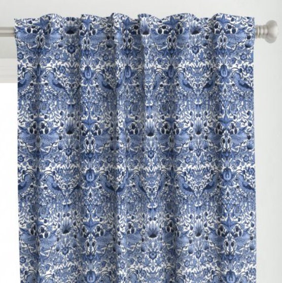 One (1) Curtain Panel - Cotton "William Morris ~ Strawberry Thief ~ Blue and White" - 54" Wide - Historically accurate reproduction