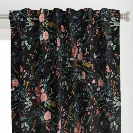 One (1) Curtain Panel or Valance - Organic Cotton "Fable Floral black"- Home Decor for Bedroom, Dining Room, Living Room, Granny Floral