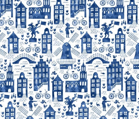 One Curtain Panel "Holland in royal Delft blue watercolors" Windmill, toile, white, blue China, porcelain, bicycle, tulips