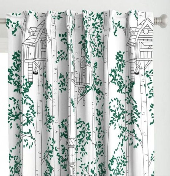 One (1) Curtain Panel - Cotton "Treehouses" - 54 inch Wide - Home Decor for Kids, fun curtains, trees, houses, tree, leaves, birches