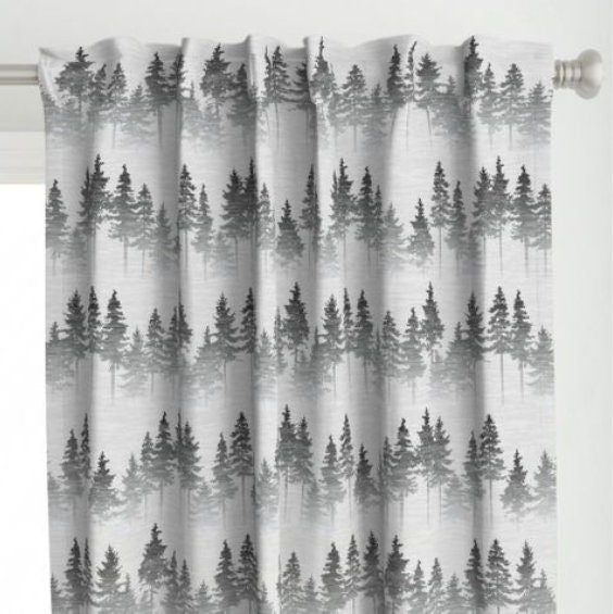 One (1) Curtain Panel "Forest Mist" Drapery 54" Wide - Blackout lining available - Fading Forest Pine Trees. Decor for Lodge Theme. Handmade