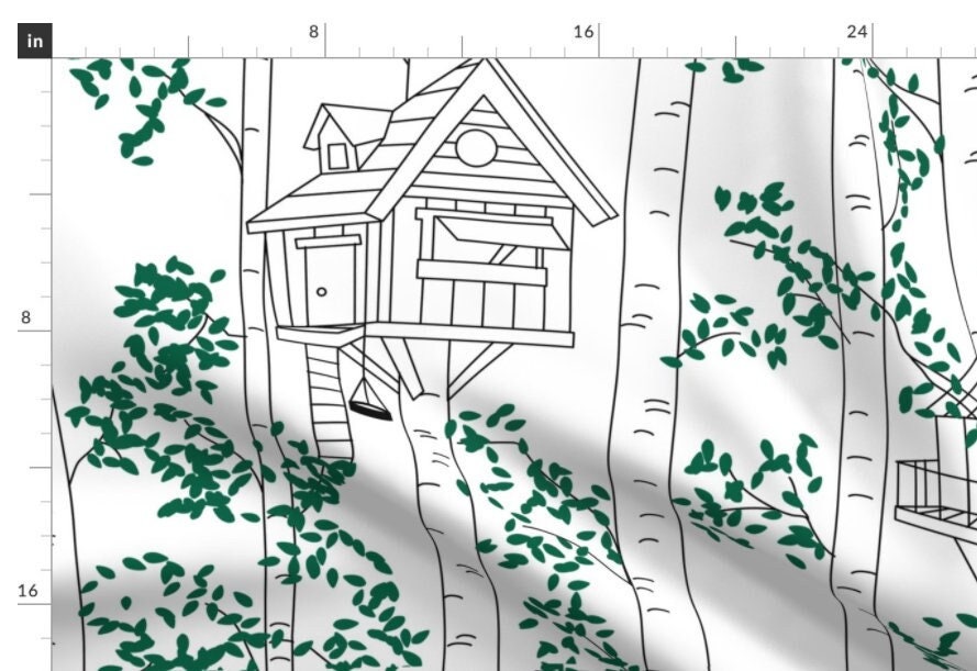 One (1) Curtain Panel - Cotton "Treehouses" - 54 inch Wide - Home Decor for Kids, fun curtains, trees, houses, tree, leaves, birches