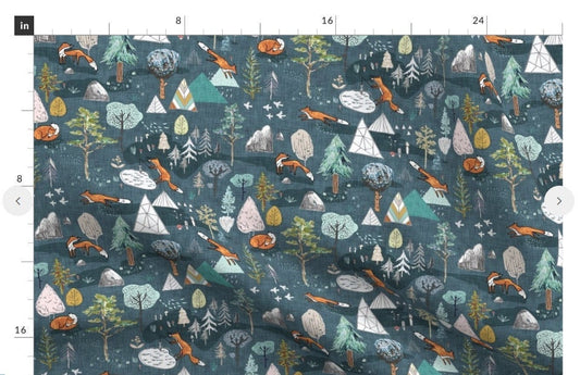 One (1) Curtain Panel "Fox Days Navy" - 54" Wide - Blackout lining available - Cotton Sateen Fabric. Foxes, Trees, Mountains. Nursery or Kid