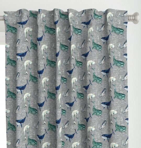 One (1) Curtain Panel Cotton "Atlantis Whales Grey" - Home Decor for Bathroom, Kids room. Fun Ocean, Beach, Blue Whales, Stars, Compass