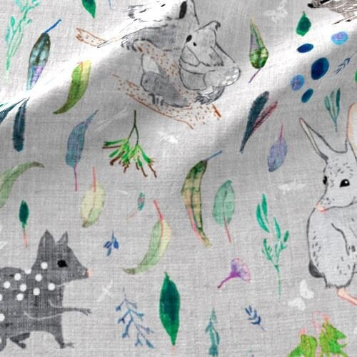 One (1) Curtain Panel. Cotton "Terra Australis Marsupials Silver"- Home Decor Nursery. Australian Numbat, Koala bear, Quoll and Bilby