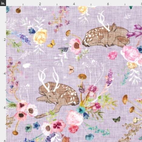 One (1) Curtain Panel. Cotton "Fawn Garden Lavender Medium" - Home Decor for Any room. Nursery, Deer, Boho, Antlers, Purple, Flowers