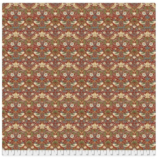 One Curtain Panel "Red Mini Strawberry Thief" Fabric, FreeSpirit Fabrics, The Original Morris & Co. Bold, Elegant