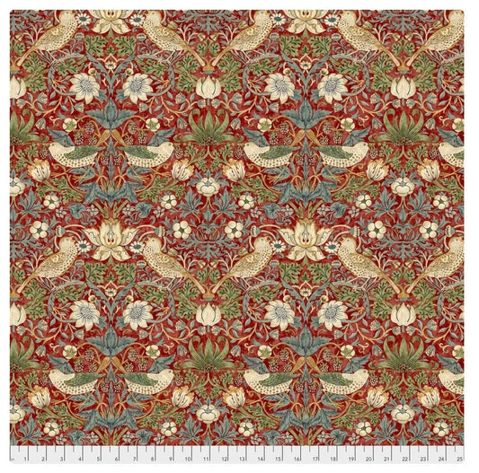 One Curtain Panel "Strawberry Thief Red" Fabric, FreeSpirit Fabrics, The Original Morris & Co. Bold, Elegant