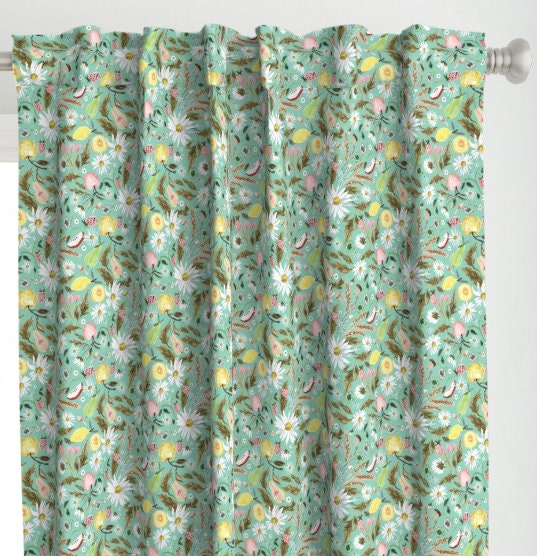 One (1) Curtain Panel - "Daisy Delicious" Drapery - Blackout lining available - Yellow, Blooms, Flowers, Fruit, Apples, Pears. Kitchen Panel