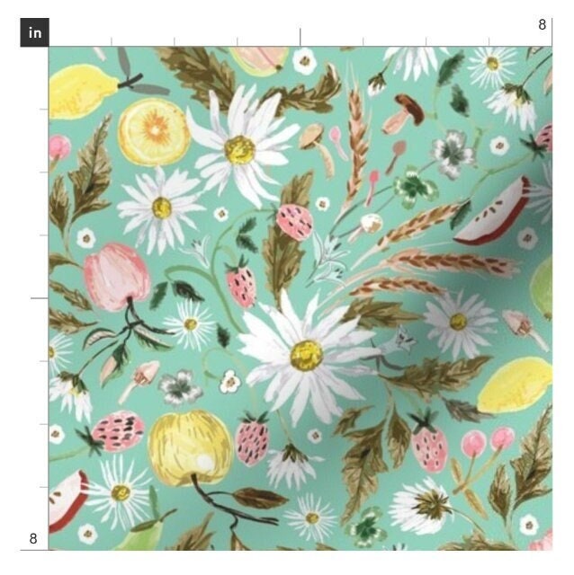 One (1) Curtain Panel - "Daisy Delicious" Drapery - Blackout lining available - Yellow, Blooms, Flowers, Fruit, Apples, Pears. Kitchen Panel