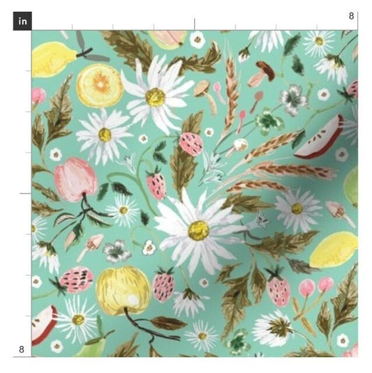 One (1) Curtain Panel - "Daisy Delicious" Drapery - Blackout lining available - Yellow, Blooms, Flowers, Fruit, Apples, Pears. Kitchen Panel