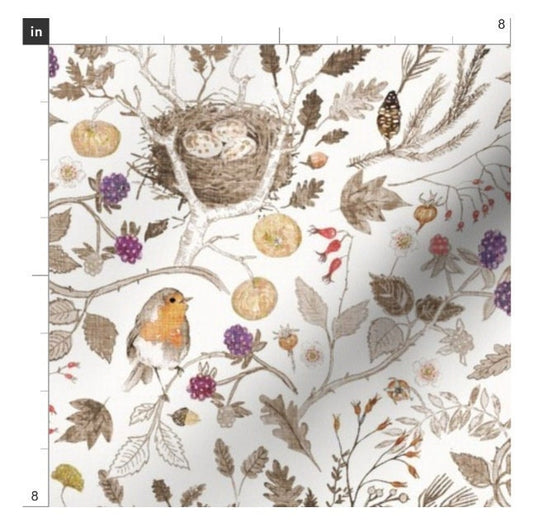 One (1) Curtain Panel - "Forest Fruits Sepia" Drapery - Blackout lining available - Birds, nest, egg, twigs, pinecone, branches
