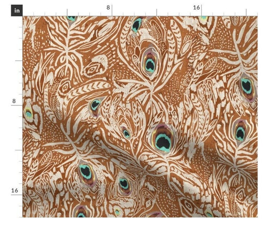 One (1) Curtain Panel Cotton "Peacock Dreaming Ikat Rust Cream" - 54" Wide. Sateen Cotton Fabric Drapery Curtain Panel. Lining Available
