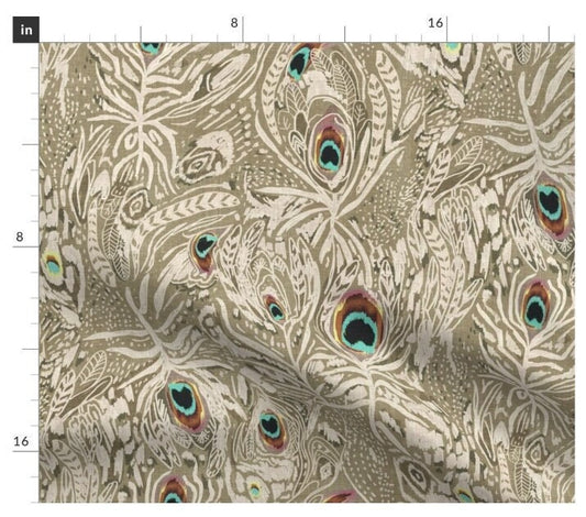 One (1) Curtain Panel Cotton "Peacock Dreaming Ikat Olive" 54 inch Wide. Sateen Cotton Fabric Drapery Curtain Panel. Lining Available