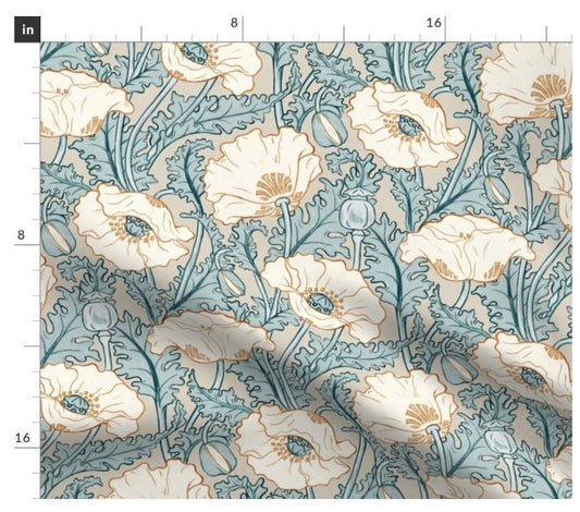One (1) Curtain Panel - "Vintage Poppy in cream, aqua, blue, beige, rust" - 50" Wide Blackout lining available. Linen Cotton Canvas Curtains