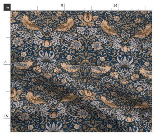 One (1) Curtain Panel - "Strawberry Thief William Morris Vintage Beige Blue" - 50" Wide Blackout lining available. Linen Cotton Canvas