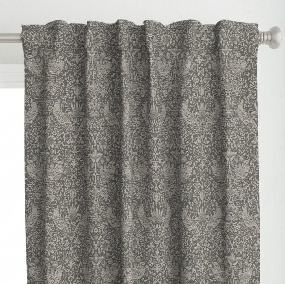 One (1) Curtain Panel - "Strawberry Thief Stormy Day" - 50" Wide Blackout lining available. Linen Cotton Canvas Curtains