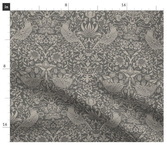 One (1) Curtain Panel - "Strawberry Thief Stormy Day" - 50" Wide Blackout lining available. Linen Cotton Canvas Curtains