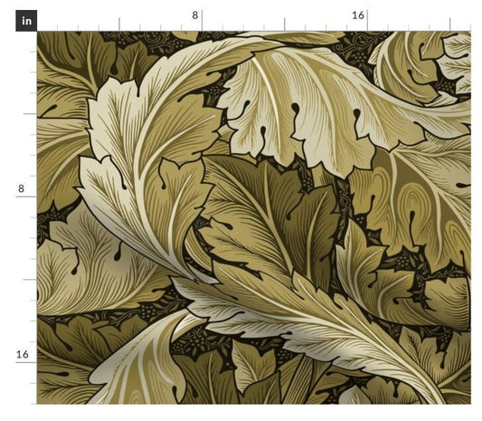One (1) Curtain Panel - "Acanthus William Morris Gold Brown Leaves" - 50" Wide Blackout lining available. Linen Cotton Canvas Curtains