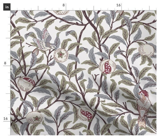 One (1) Curtain Panel - "William Morris - Bird and Pomegranate Silver Sage" - 50 inch Wide, Blackout lining available. Linen Cotton Canvas