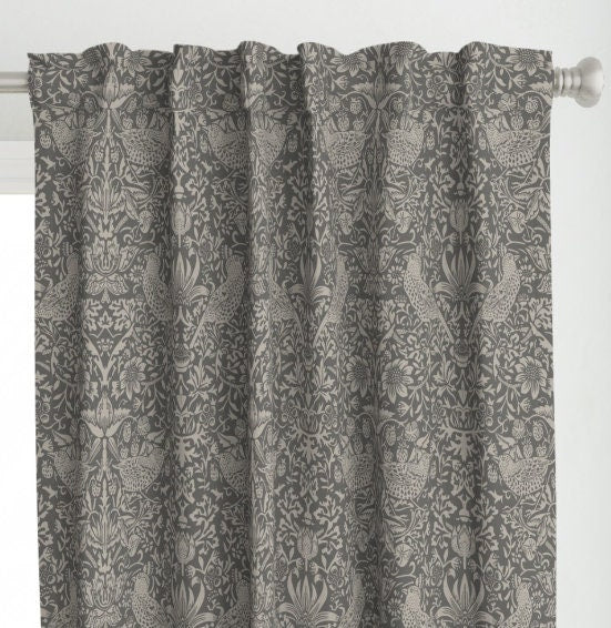One (1) Curtain Panel - "Strawberry Thief Stormy Day" - 50 inch Wide, Blackout lining available. Linen Cotton Canvas