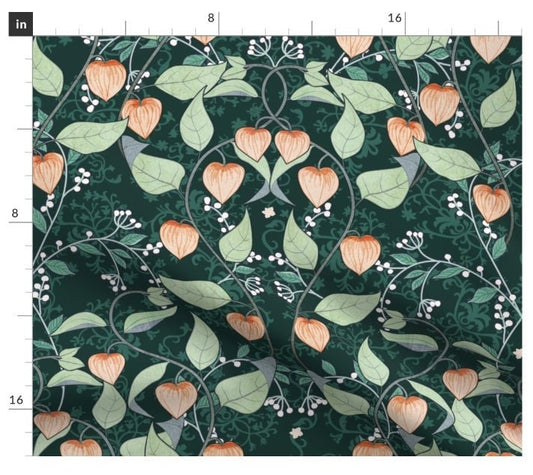 One (1) Curtain Panel - "Physalis" - 50" Wide Blackout lining available. Linen Cotton Canvas Curtains. Orange and Green fabric