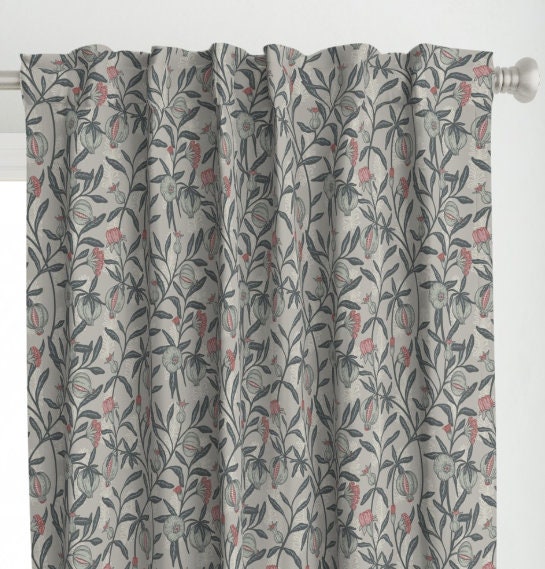 One (1) Curtain Panel - "Pomegranate Vale Mist" - 50" Wide Blackout lining available. Linen Cotton Canvas Curtains