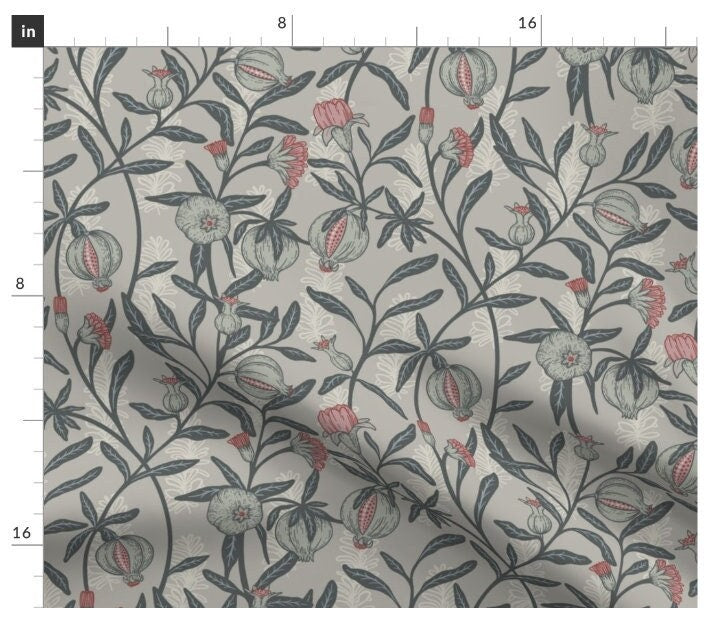 One (1) Curtain Panel - "Pomegranate Vale Mist" - 50" Wide Blackout lining available. Linen Cotton Canvas Curtains