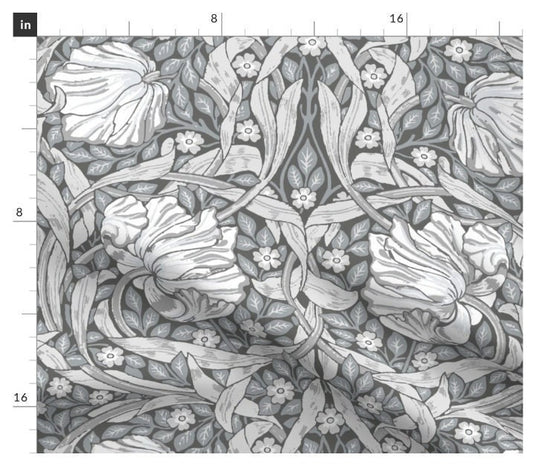 One (1) Curtain Panel - "William Morris Pimpernel - Silver" - 50" Wide Blackout lining available. Linen Cotton Canvas Curtains.