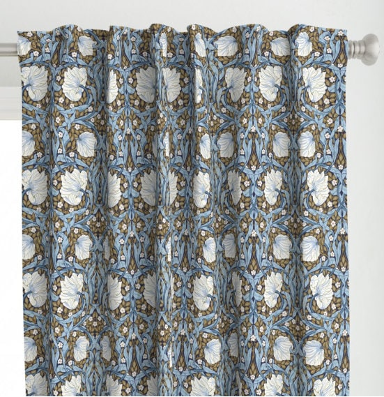 One (1) Curtain Panel - "William Morris Pimpernel - Blue and Gold" - 50 inch Wide, Blackout lining available. Linen Cotton Canvas