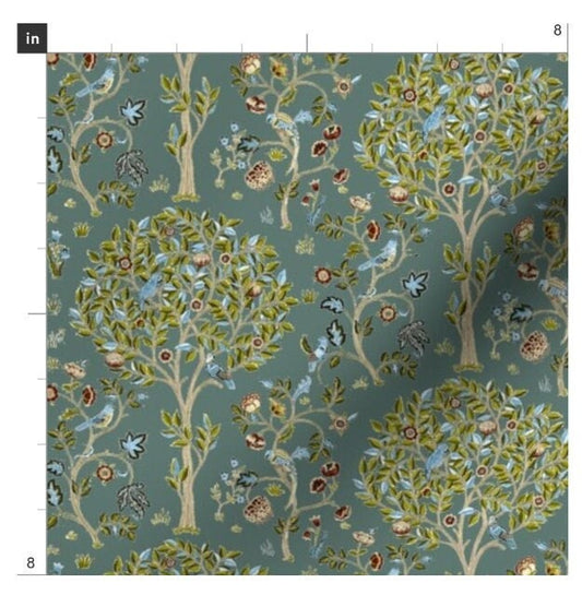 One (1) Curtain Panel - "Kelmscott Tree Dark Empire" - 50 inch Wide, Blackout lining available. Linen Cotton Canvas