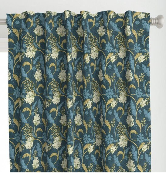 One (1) Curtain Panel or Valance - "Vintage Flowers / Morris Garden" - 50 inch Wide, Blackout lining available. Linen Cotton Canvas Curtains