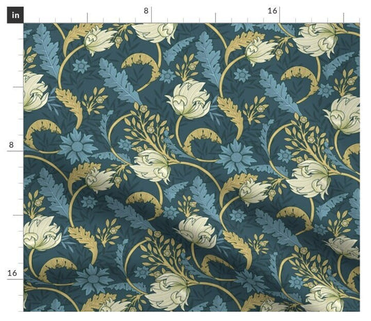One (1) Curtain Panel or Valance - "Vintage Flowers / Morris Garden" - 50 inch Wide, Blackout lining available. Linen Cotton Canvas Curtains