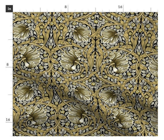 One (1) Curtain Panel - "William Morris Pimpernel in Black & Gold" - 50 inch Wide, Blackout lining available. Linen Cotton Canvas